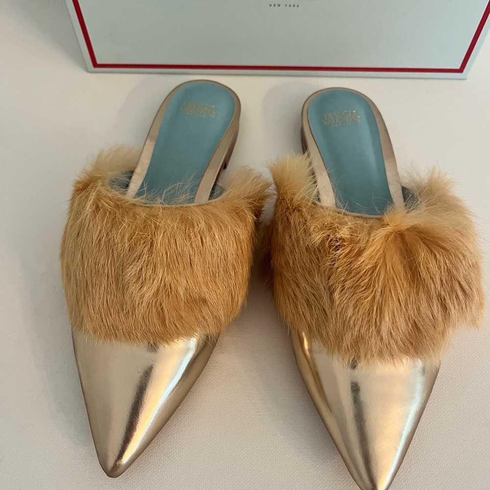 Frances Valentine Metallic Gold Leather with Fur Mules - Picture 2 of 7